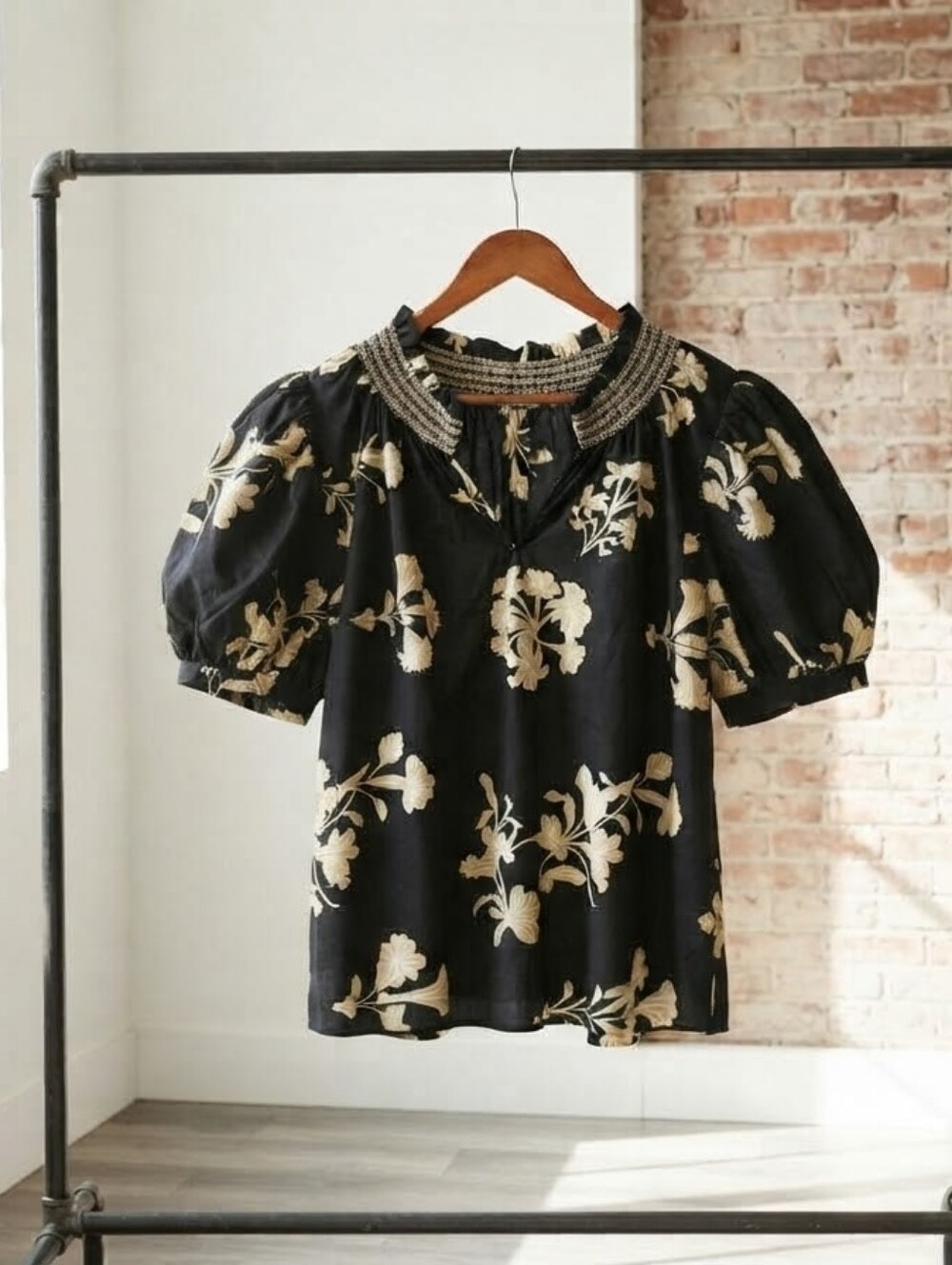 entro Black Floral Puff-Sleeve Blouse with Embroidered Neckline